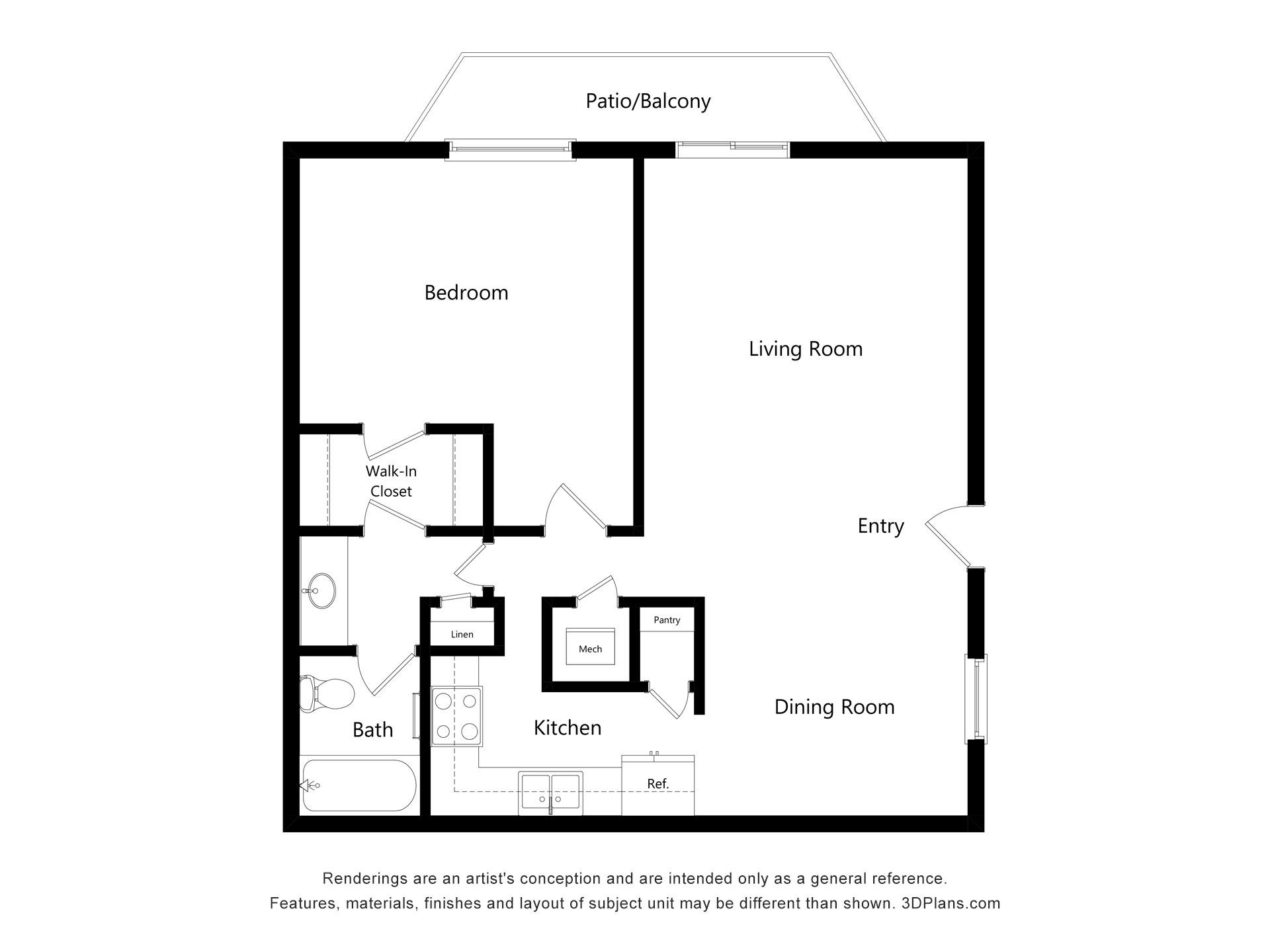Floor plan for 1 bed, 1 bath, 750 sqft